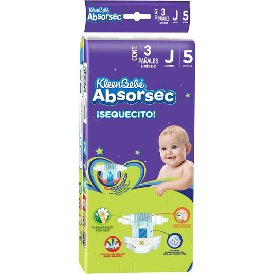 K CLARK PAÑAL KLEEN BEBÉ ABSORSEC ULTRA JUMBO 3 PIEZAS